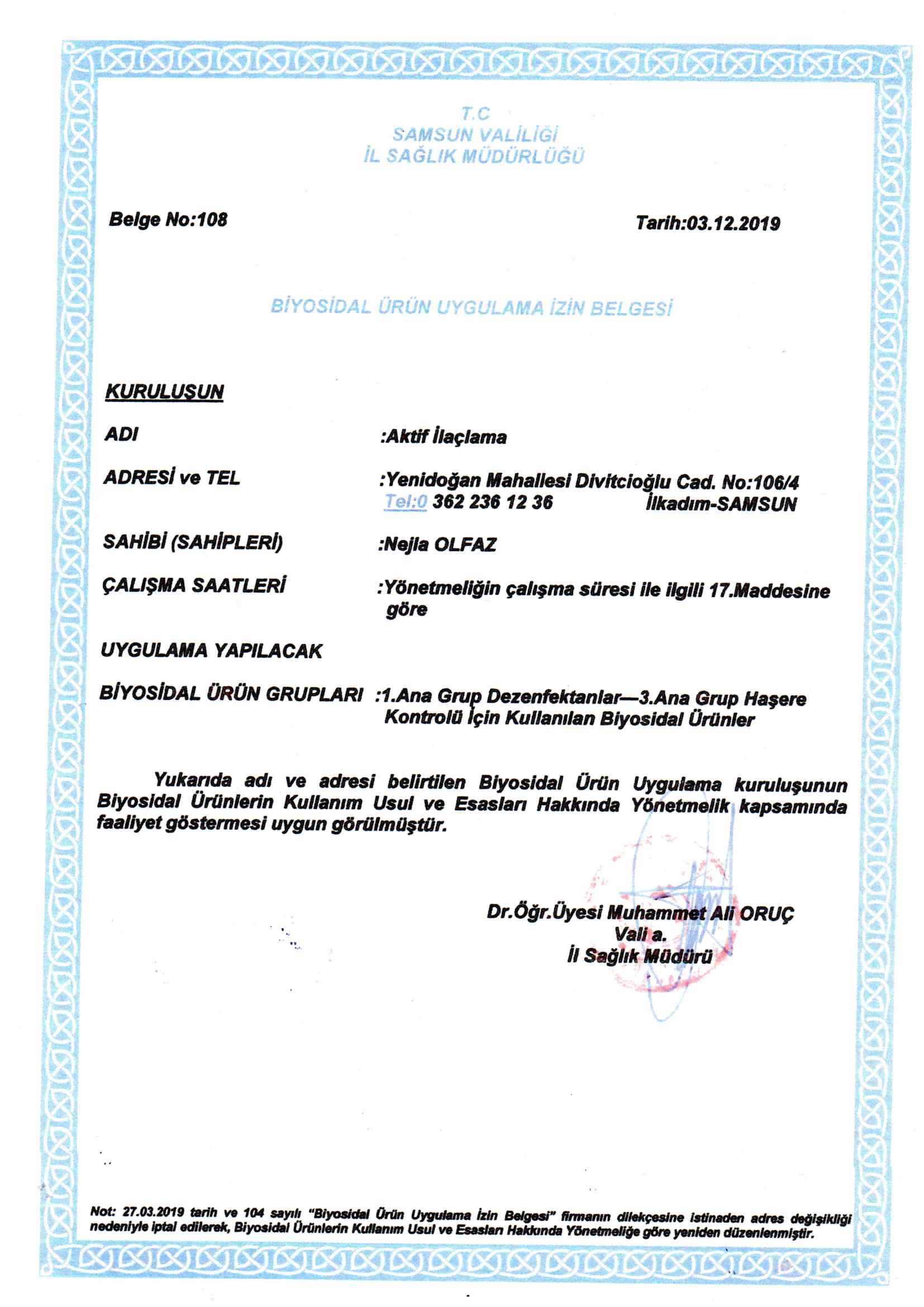 Biyosidal Ürün Uygulama İzin Belgesi